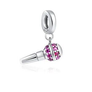 Sterling Silver 925 Microphone Bracelet Dangle Charm with Pink Rhinestones